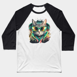 Neon Groove: Feline Beats and Shades Tee! Baseball T-Shirt